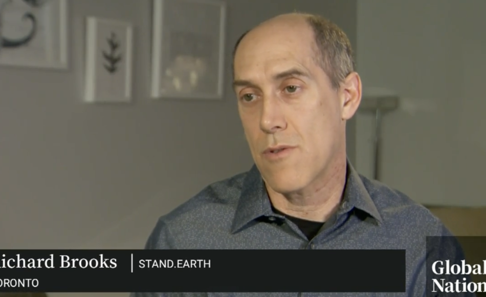 Image of Richard Brooks, Stand's Climate Finance Director joining Global News for an interview with the news logo in the lower right corner and richard's name appearing below his head
