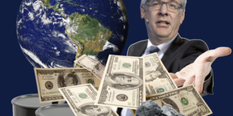 Collage of oil barrels, cash, Coal, Earth, and RBC CEO Dave McKay.